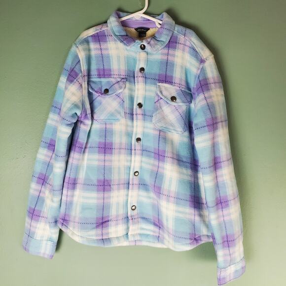 Eddie Bauer Girls Lavender Plaid Fleece Shirt Jacket Shacket Size 14/16 - Picture 1 of 6